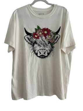 FREEZE Floral Highland Cow Graphic Tee T-Shirt Cream Ivory Pink Crown Large 2X